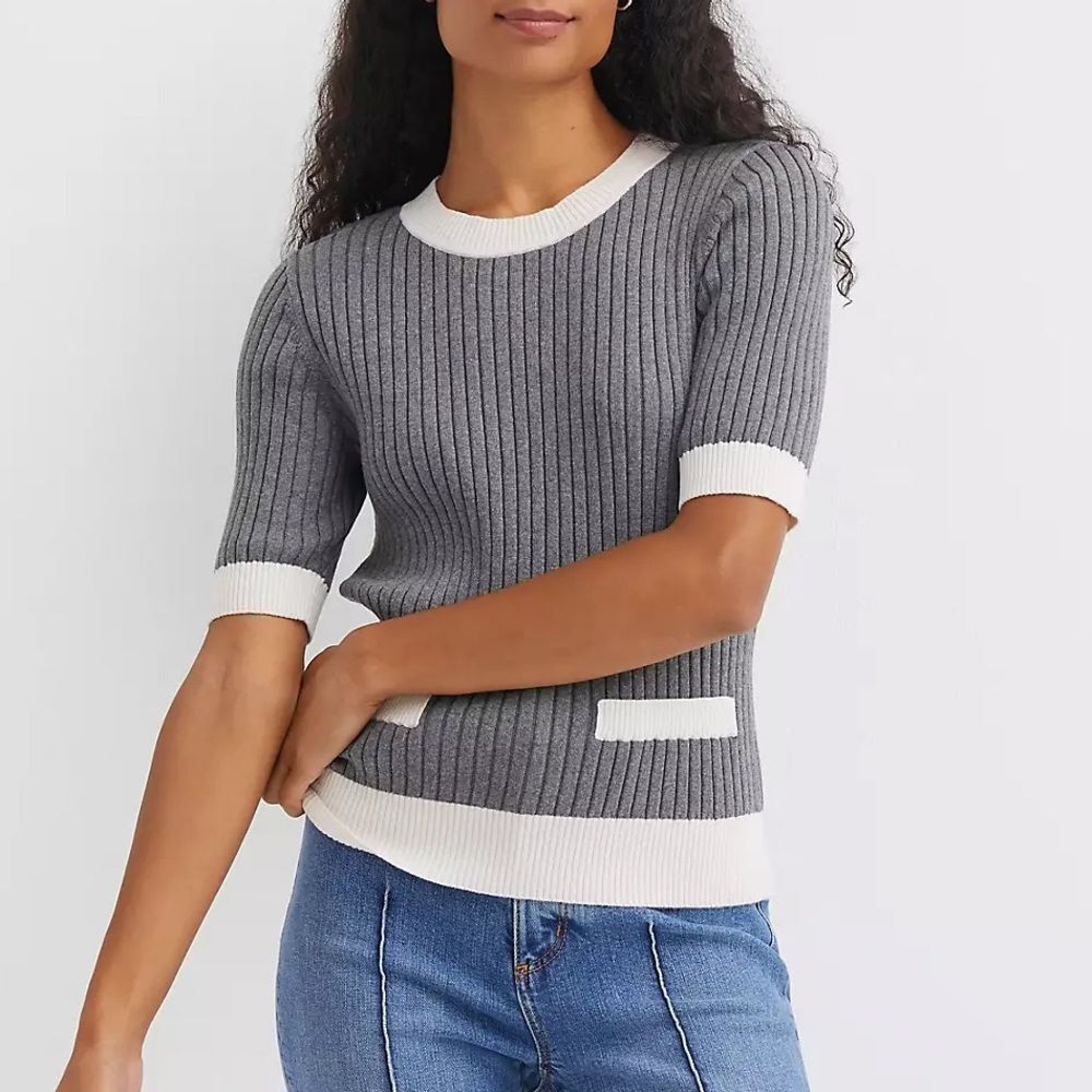 Loft Tipped Ribbed Pocket Sweater Tee Size Large